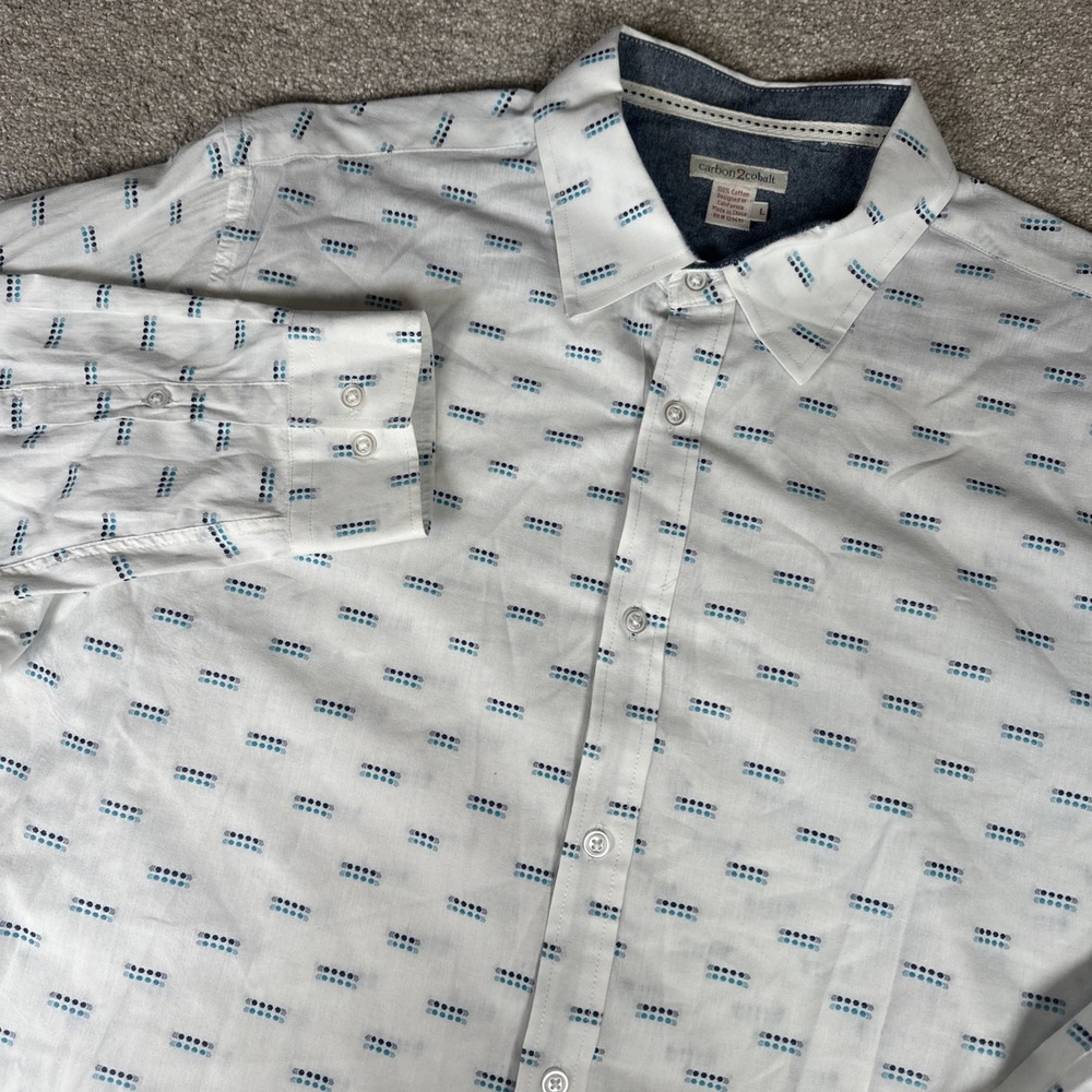 Carbon 2 Cobalt Shirt Mens Large White Geometric Long Sleeve Button Down Cotton